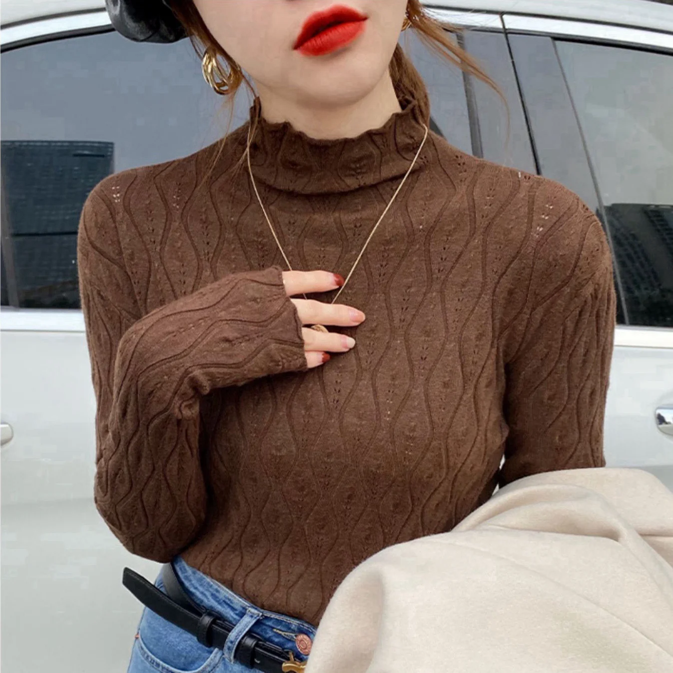 Gestrickte Pullover Frauen Pullover Neue Langarm Mock Neck Schwarz Stricken Pullover Pullover Frauen Tops Pullover Sueters De Mujer Q794