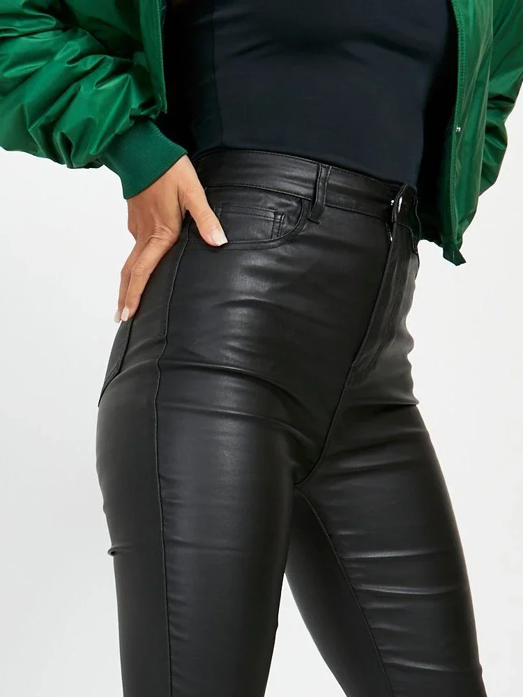 Women Faux Leather Flare Pants Party Disco High Waist Stretch PU Bell-Bottom Trousers Vintage Slim Floor Length Pants Custom New