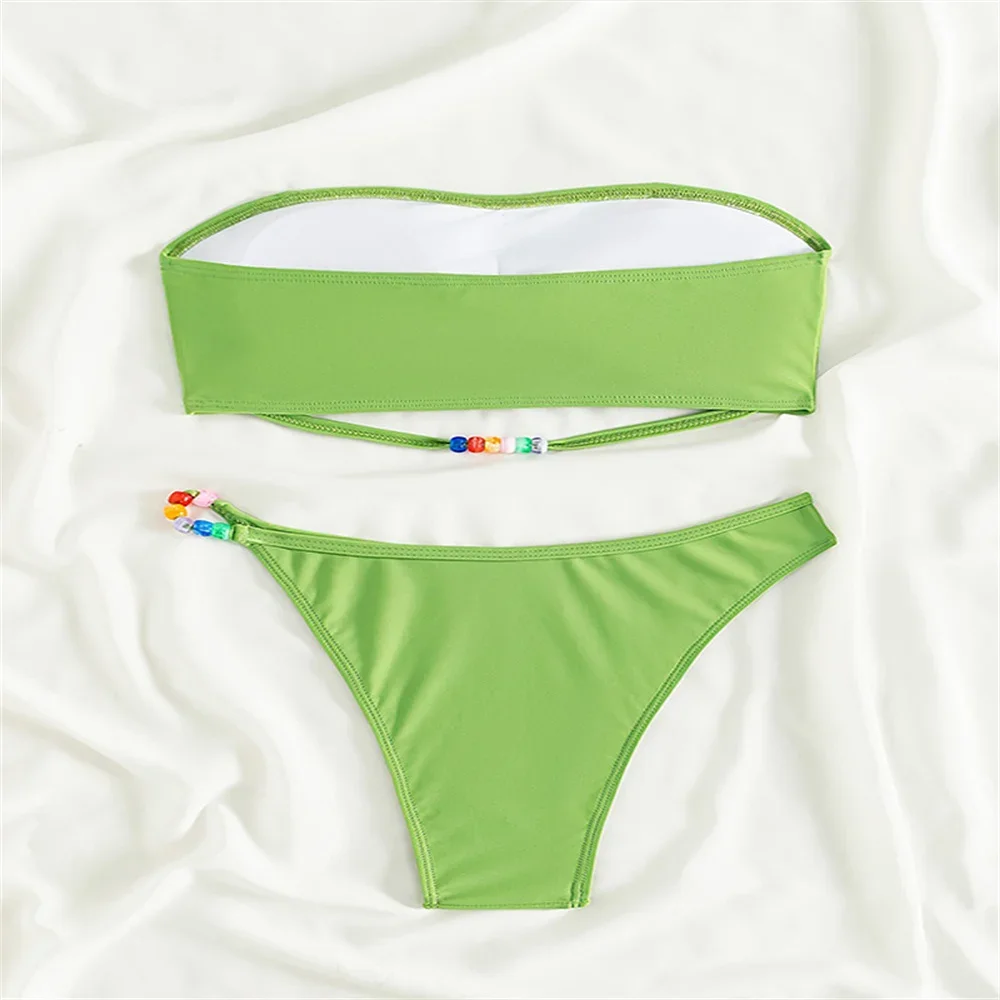 Сексуальный купальник-бандо, зеленый бикини, бисер, Y2K, купальник для отпуска, женский купальный костюм, пляжные стринги, комплект бикини, летняя одежда