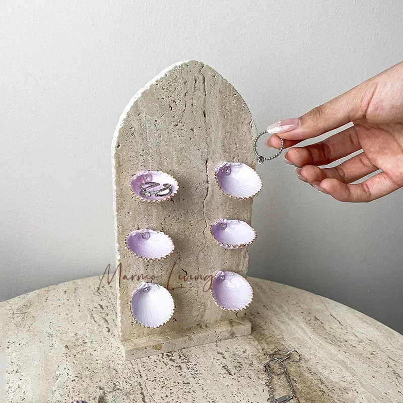 

Natural Marble Jewelry Display Holder with Shell Decorative Travertine Jewelry Stand for Ring Necklace Earring Bracelet