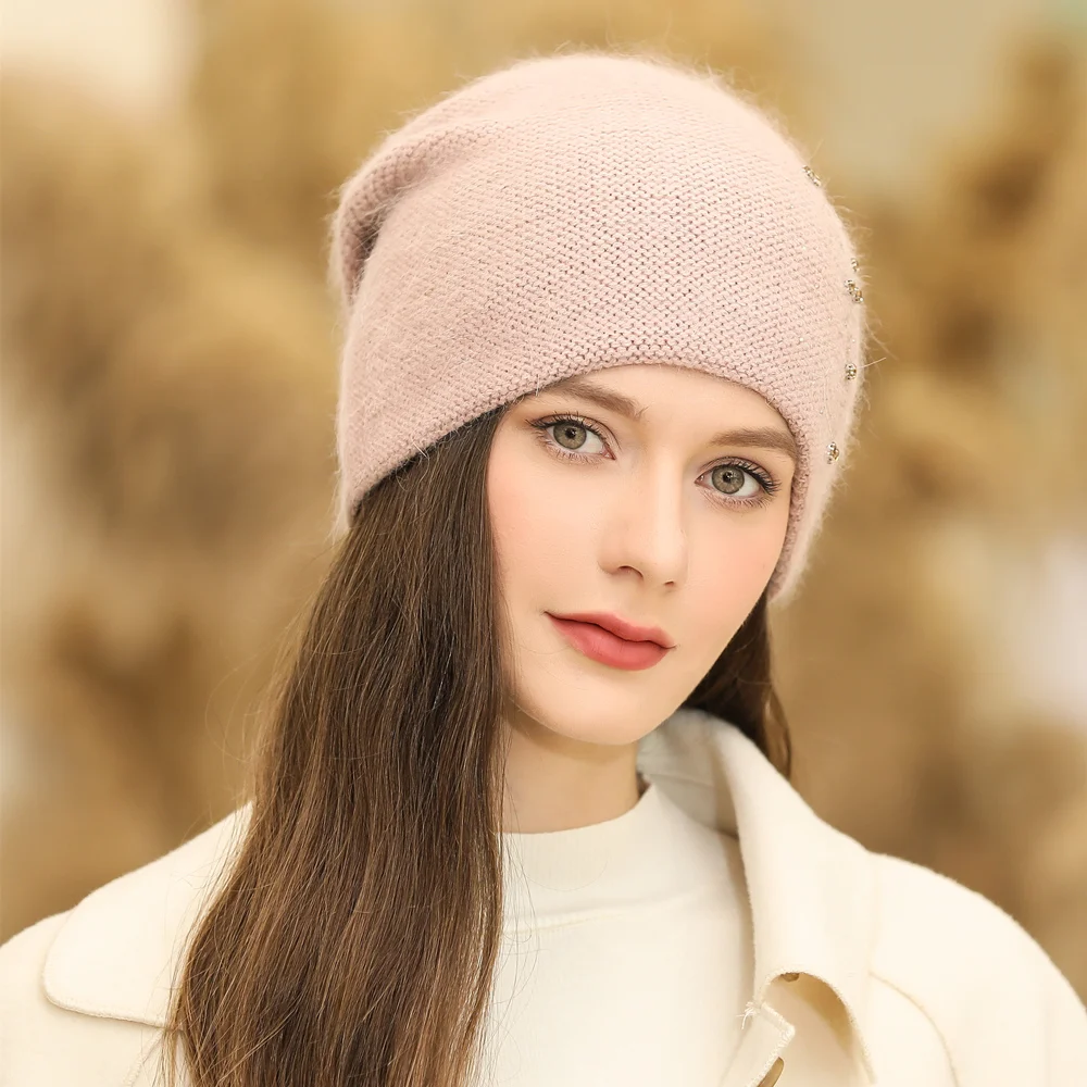 New Women Winter Hat Fashion Decorate Beanie Hat Rabbit Fur Blend Warm Winter Cap For Female Casual Streetwear Knitted Hat