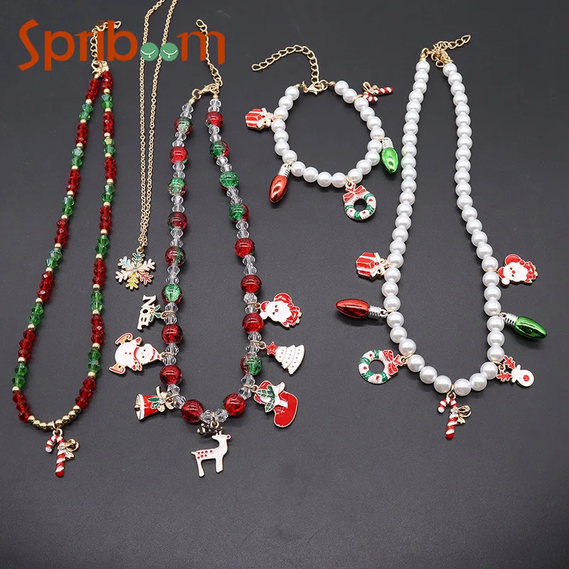 

Christmas Women Necklace Snowflake Elk Santa Bell Charm Necklaces Imitation Pearl Beads Neck Jewelry Party Accessories Gifts