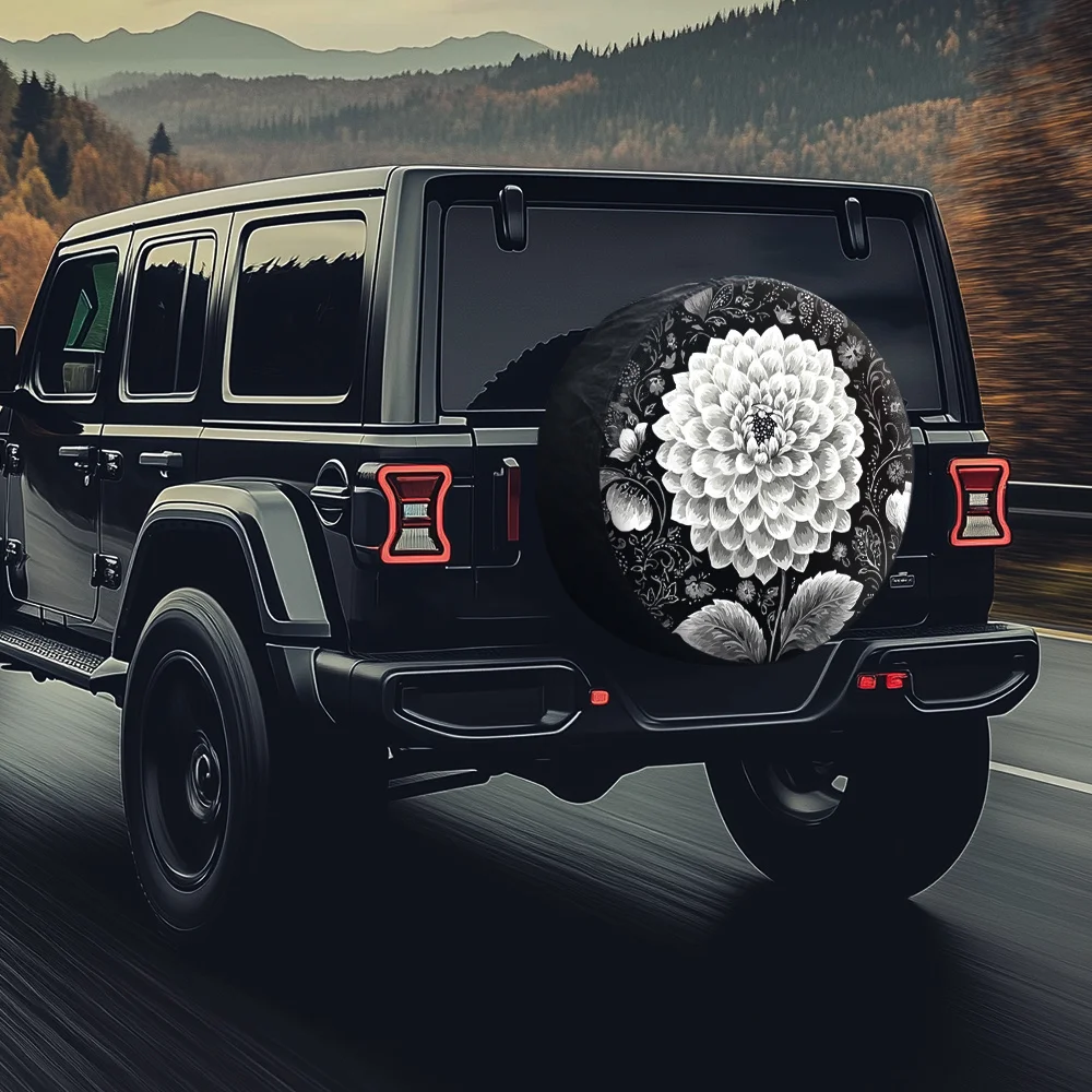 A Tire Cover Featuring A Pattern Of Blooming Black Chrysanthemums, Suitable For Elegant Suvs, Vintage Cars, And Executive Vehicl