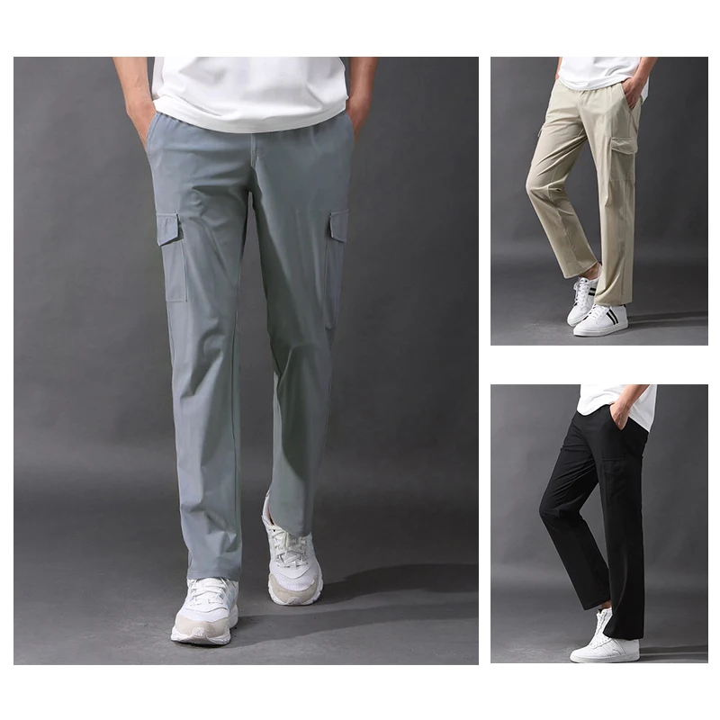 Summer Ice Silk Pants Men Fashion Solid Pockets Lightweight Pants High Quality Quick Dry Breathable Trousers Casual Camping