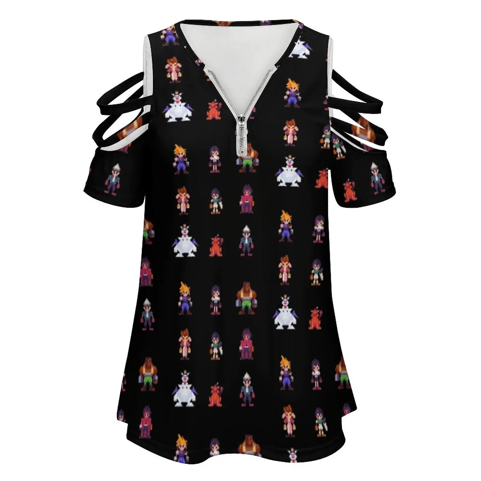 Ff7 Pixel Character Women's T-Shirt Summer Fashion Print Floral V-Neck Zipper Tshirt Hollow Pullover Ladies Top Final Fantasy