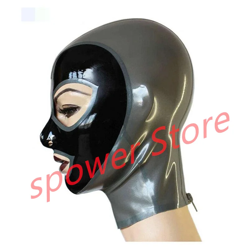 

Natural Latex Full Head Latex Hoods Rubber Mask Fetish Cosplay Costumes Silver with Black Trim Back Zip Club Wear