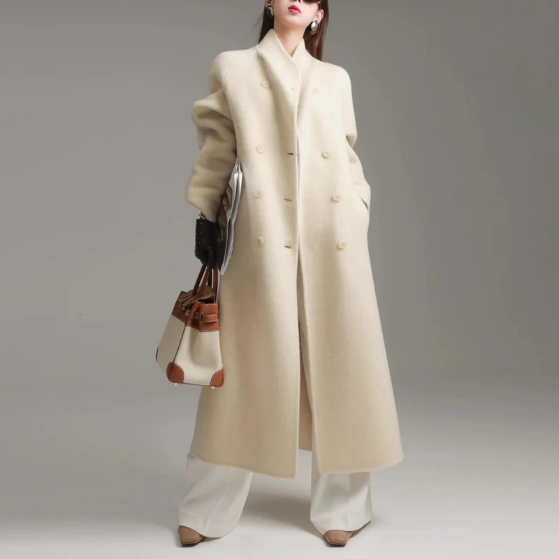 Modischer Stehkragen, zweireihiger Damen-Langmantel aus doppelseitiger Wolle, 2025, neuer eleganter Alpaka-Mantel aus Wolle für Damen