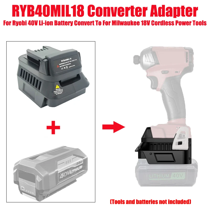 

Адаптер для аккумуляторов RYB40MIL18 для литий-ионных батарей Ryobi 40V, совместимый с аккумуляторными инструментами Milwaukee 18V.