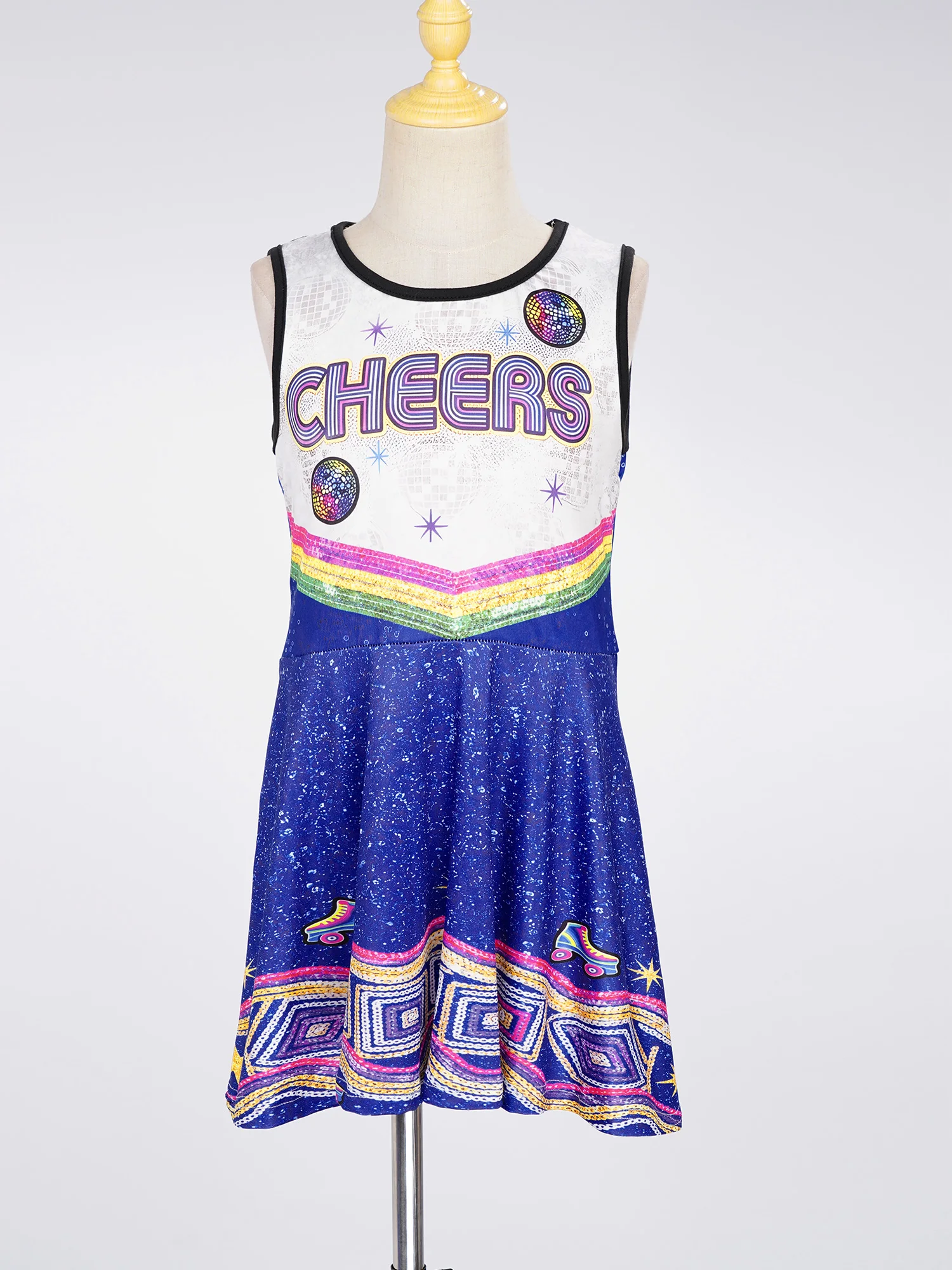 Kids Girls Cheerleading Uniform Students Dance Sleeveless Color-blocked Printed Dress Stage Performance Competitions Costume