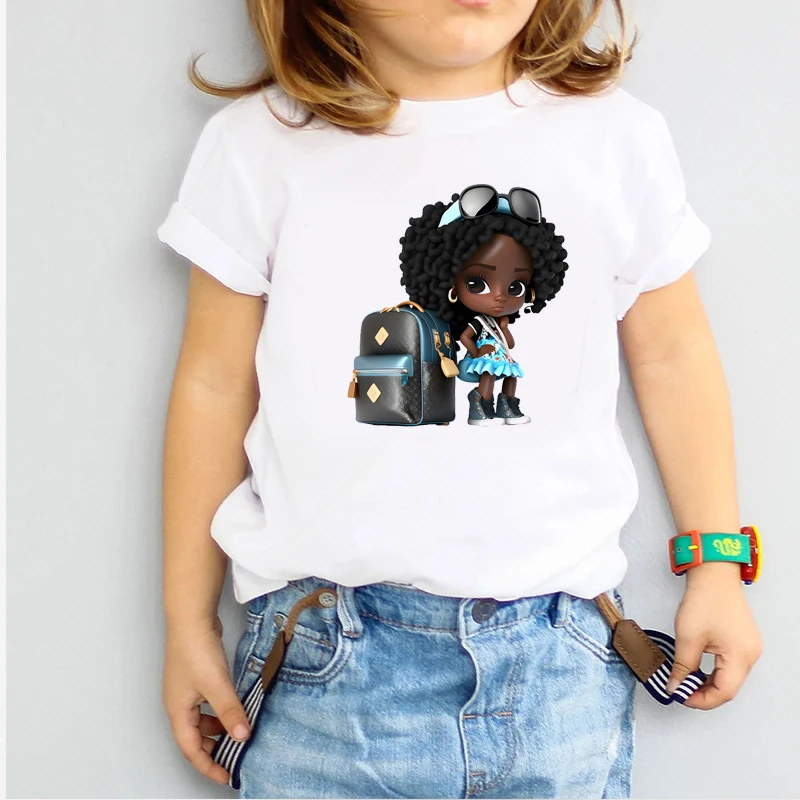 

Black Trip Girl With Suitcase Afro American Travel Girl Vacation Black Girls T-Shirt Cute Girls Clothes Summer Kids Tshirt Tops