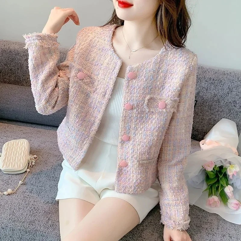 

Spring Autumn Female Round Neck Leisure Jacket Lady A Socialite Short Versatile Outerwear 2024 Women Loose Long Sleeved Top Coat