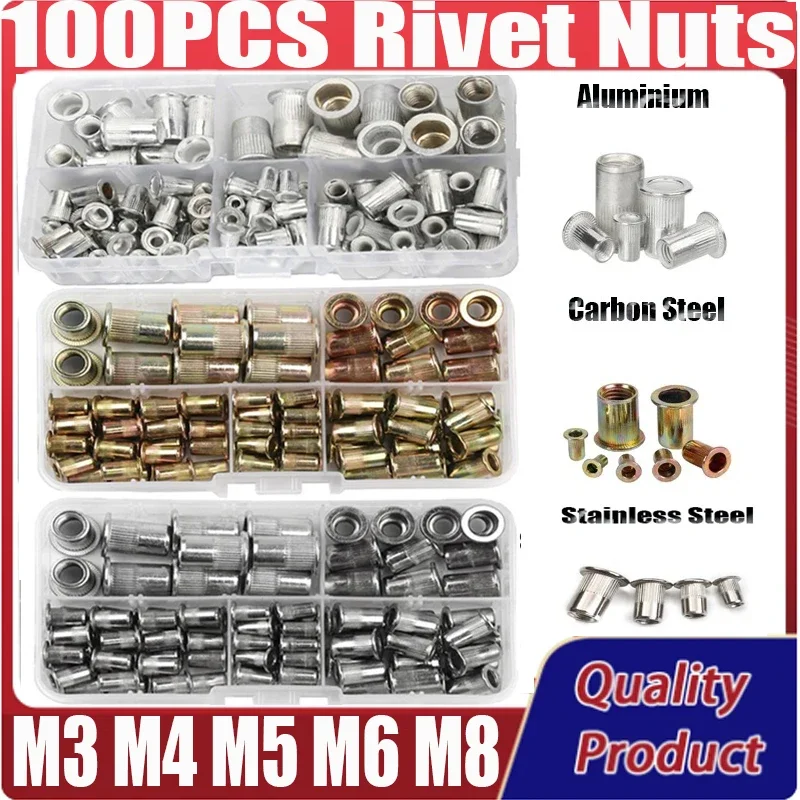 

100pcs M3 M4 M5 M6 M8 Flat Threaded Rivet Nuts Stainless Steel Aluminum Carbon Steel Flange Rivnut Insert Nutsert Nuts Fastener