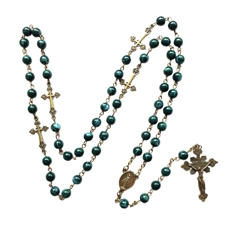 Vintage Religion Rosary Necklace Alloy Jesus for Cross Pendant Necklace Handmade Round Beads Chain Jewelry Dropshipping