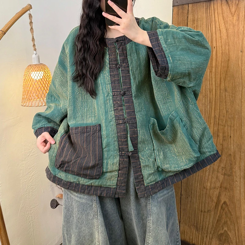 

2025 New Arrival Women Single Breasted Pocket Patchwork Cotton Liner Parkas Autumn/winter Long Sleeves O-neck Vintage Coats H130