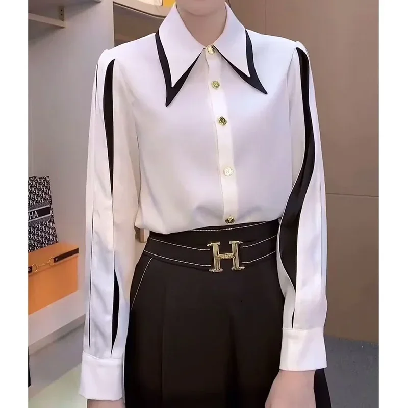 

Temperament Women's Clothing Contrasting Colors Large Pointed Collar Single Breasted Blouse Fashion Lantern Long Sleeve Shirt