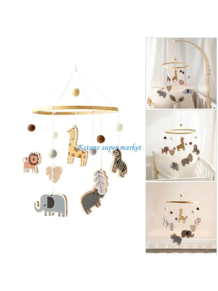 090B Baby Crib Mobile With Forest Theme Wooden Animals Wool Ball Design Decorations Silents Rotating Motor Toy For Infants
