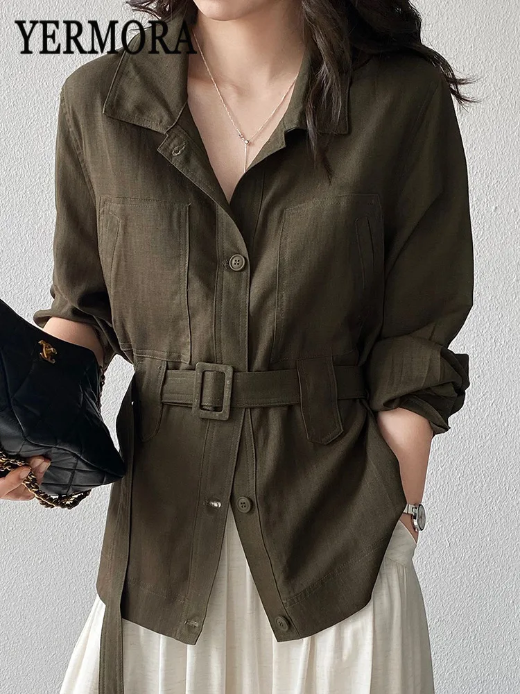 

YERMORA Green Pocket Belted Casual Casual Blouse For Women Lapel Long Sleeve Loose New Shirt Fashion Tide Spring Autumn 2026