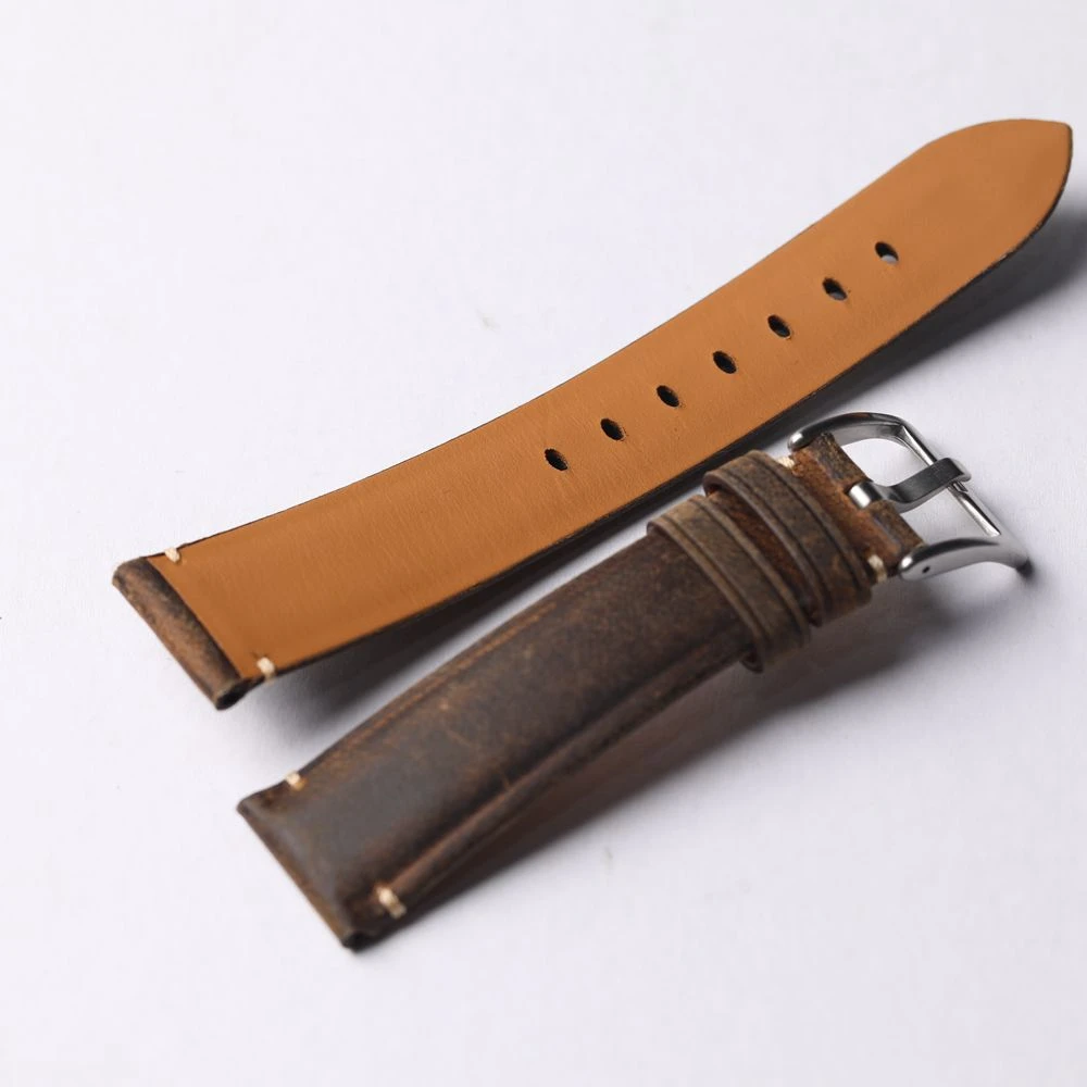 Handmade Head Layer Cowhide Watch Strap 18 19 20 21 22MM Oil Brown Vintage Genuine Leather Men\'s Thickened Bracelet, Retro Style