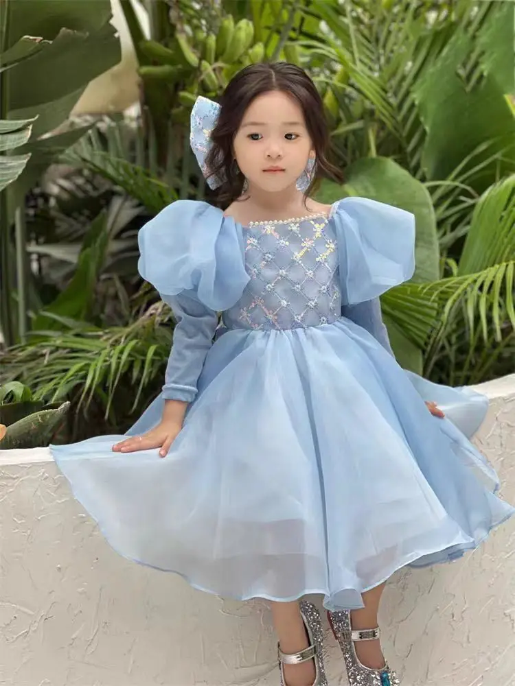 Saia de princesa manga comprida infantil, vestidos de festa para meninas, roupas de menina, bolha, grande, primavera, outono, novo