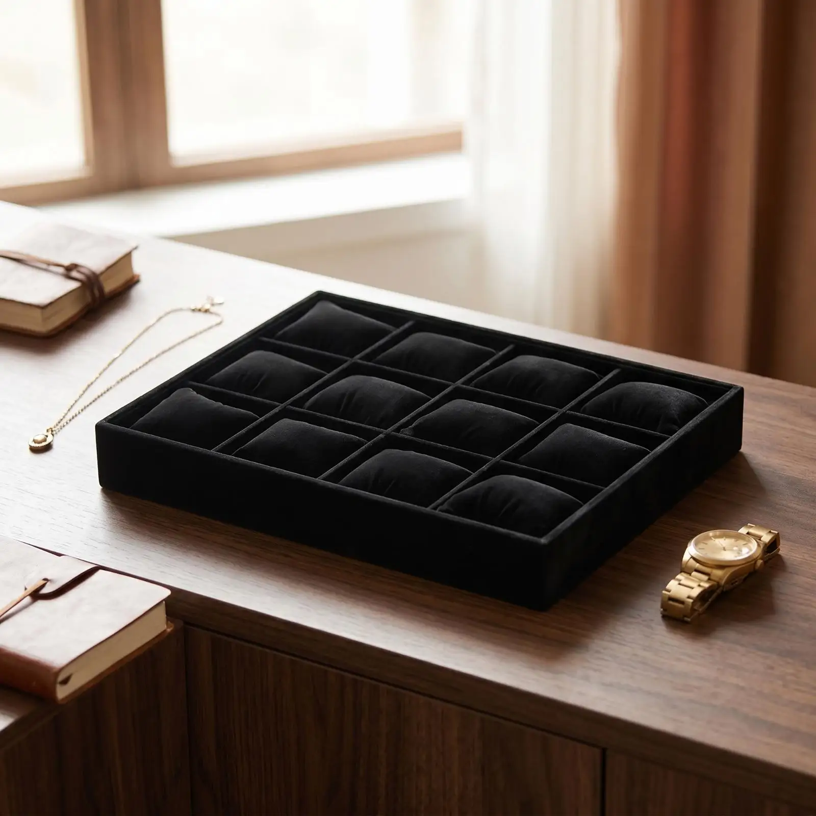 Jewelry Organizer Storage Tray Velvet Display Holder with 12 Compartments for Watch and Accessories