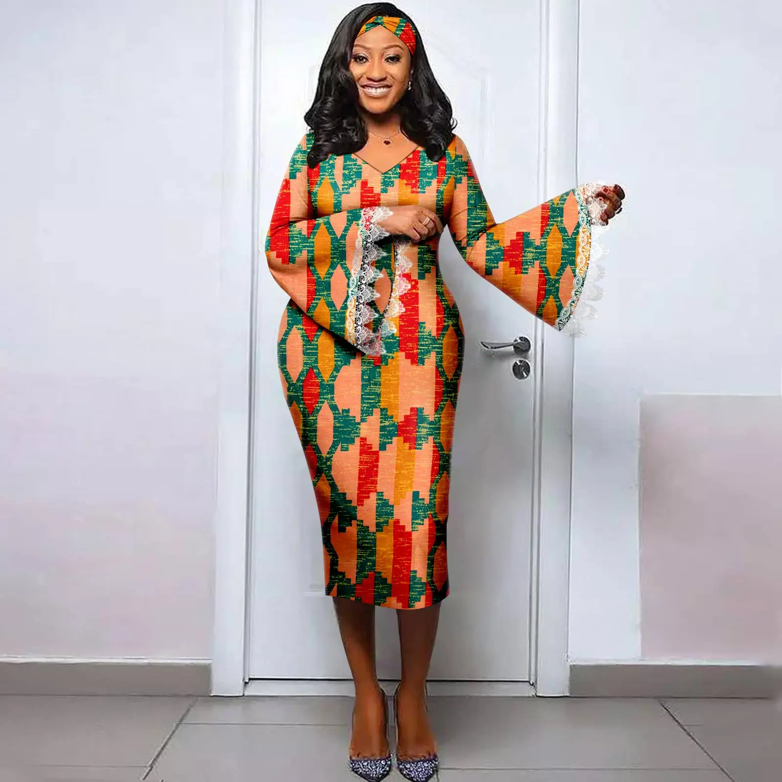 여성을위한 아프리카 드레스 2023 Dashiki 전통 여름 v 넥 레이스 슬리브 (머리띠 포함) 앙카라 파티 저녁 Y 2325064