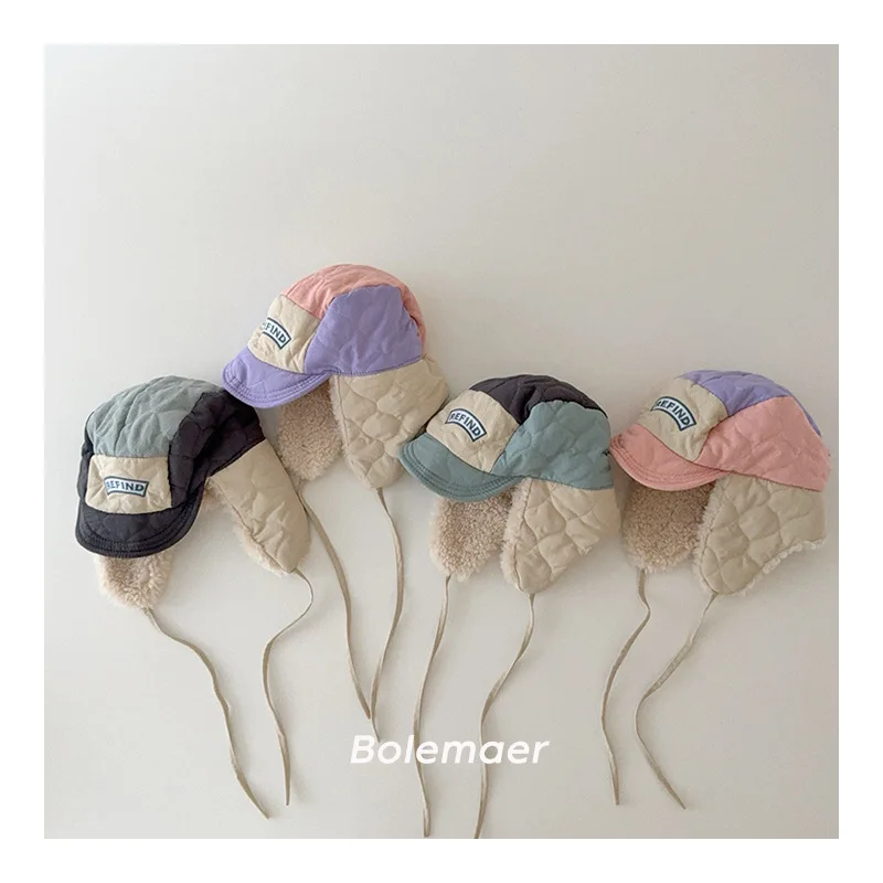 

Зимние теплые детские шапки, детская шерстяная шапка с цветными блоками для защиты ушей для мальчиков и девочек, шапки для путешествий, теплая шапка из овечьей шерсти