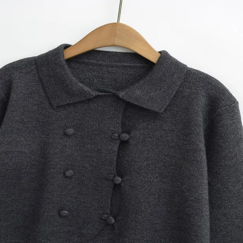 Novo Casaco de Malha F de Manga Longa com Gola e Botões Duplos para o Outono Inverno 2024, Estilo Cardigan de Crime...