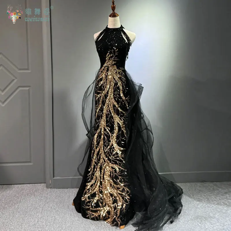 

Black Elegant High Waisted Sequined Beaded Evening Dress Exquisite Gold Embroidery Hanging Neck Mesh Trailing Evening Dress