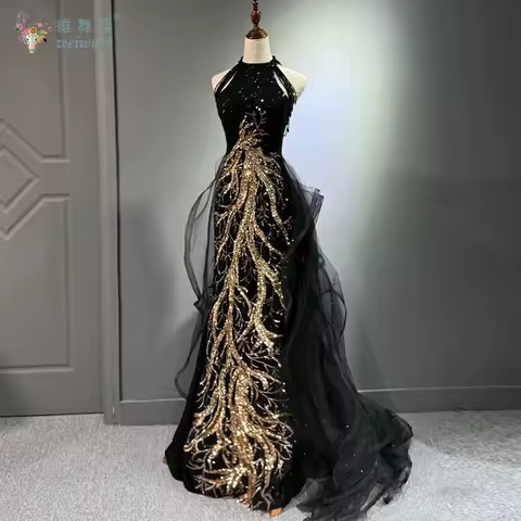 Black Elegant High Waisted Sequined Beaded Evening Dress Exquisite Gold Embroidery Hanging Neck Mesh Trailing Evening Dress