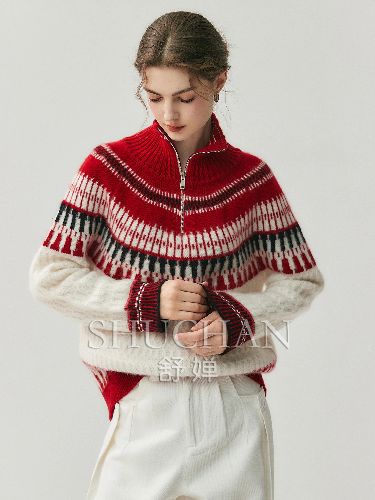 

550 г жаккардовый шерстяной кашемировый свитер, утолщенный и свободный женский свитер с полумолнией, новинка осени и зимы 2025 года, трикотажные s