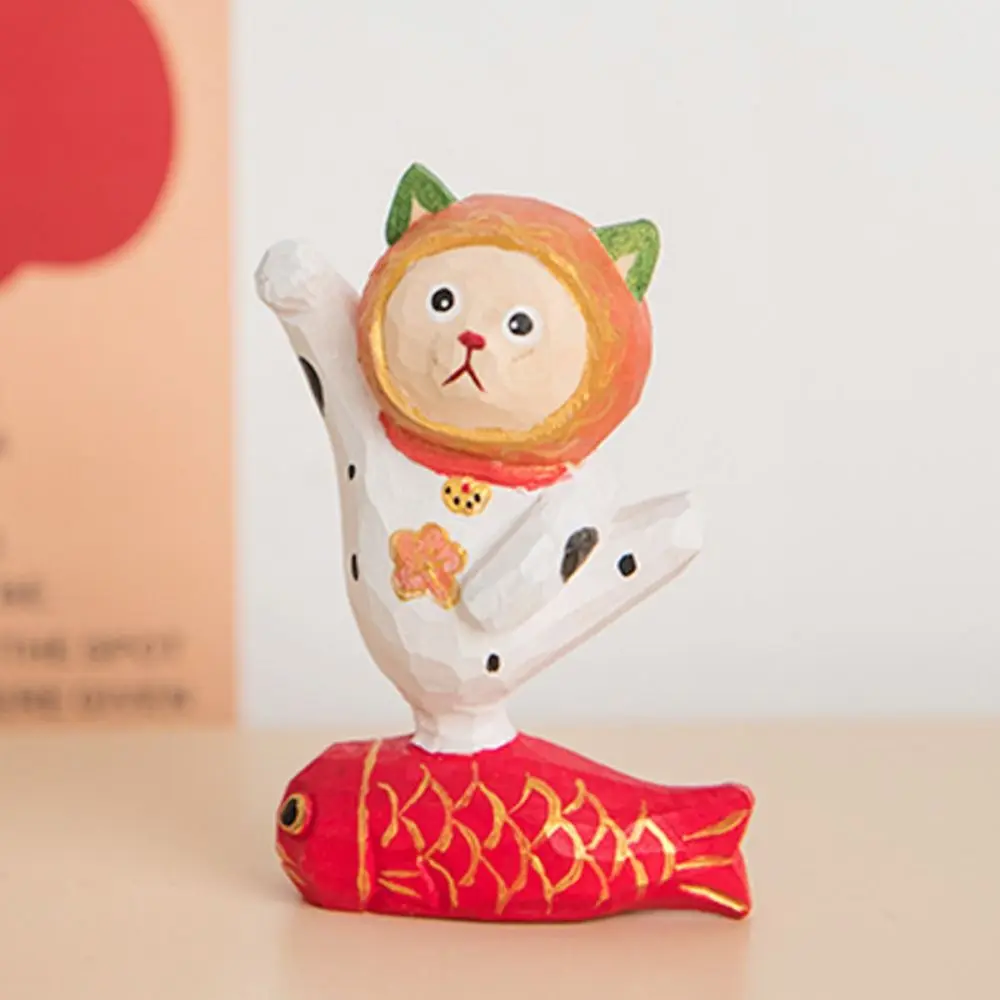 

Small Wood Carving Cat Ornament Solid Wood Cute Painted Cartoon Cat Sculpture Handmade Simple Style