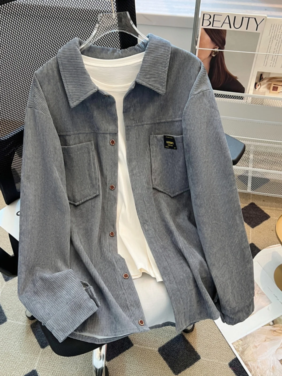 

Corduroy Long Sve irt Men's New Chinese Sle Resistant Wearable Fall Jaet Coat Turn-down Collar Classic Polyester Fiber
