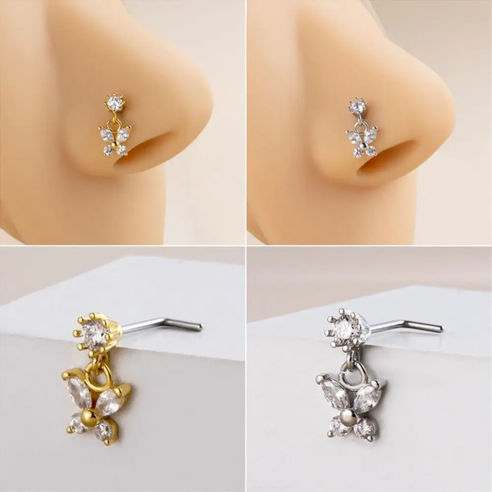 Piercing de Nariz de Acero Inoxidable con Cristal de Circonio, Joyería Corporal con Tornillo en L, Estilo Gótico para Mujer