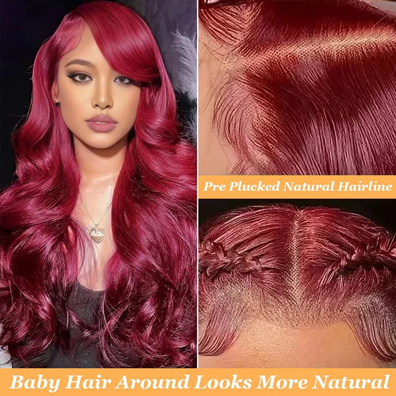 230 Density Body Wave Hair Wig Human Hair 99J Burgundy 13x4 13x6 Transparent Lace Frontal Wig Pre Plucked With Baby Hair