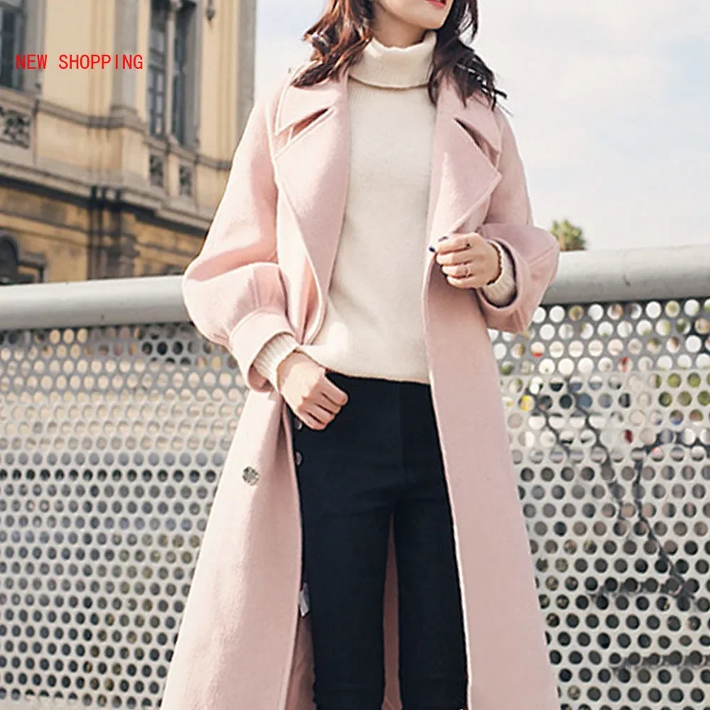 

New Woolen Coat Beige Long Thick Female Fashion Pink Belt Elegant Autumn Winter Women Casual Lantern Sleeve Slim Wool Jacket