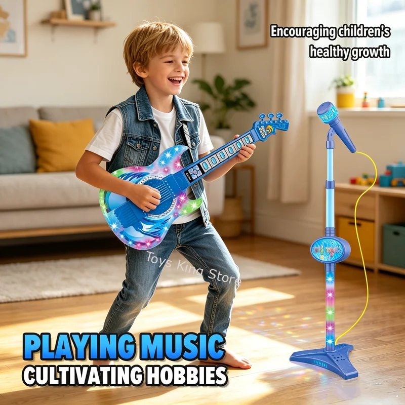 Electric Guitar With Microphone Musical Instrument Combination With Light Multi-functional Karaoke Singing Children's Toy Gifts