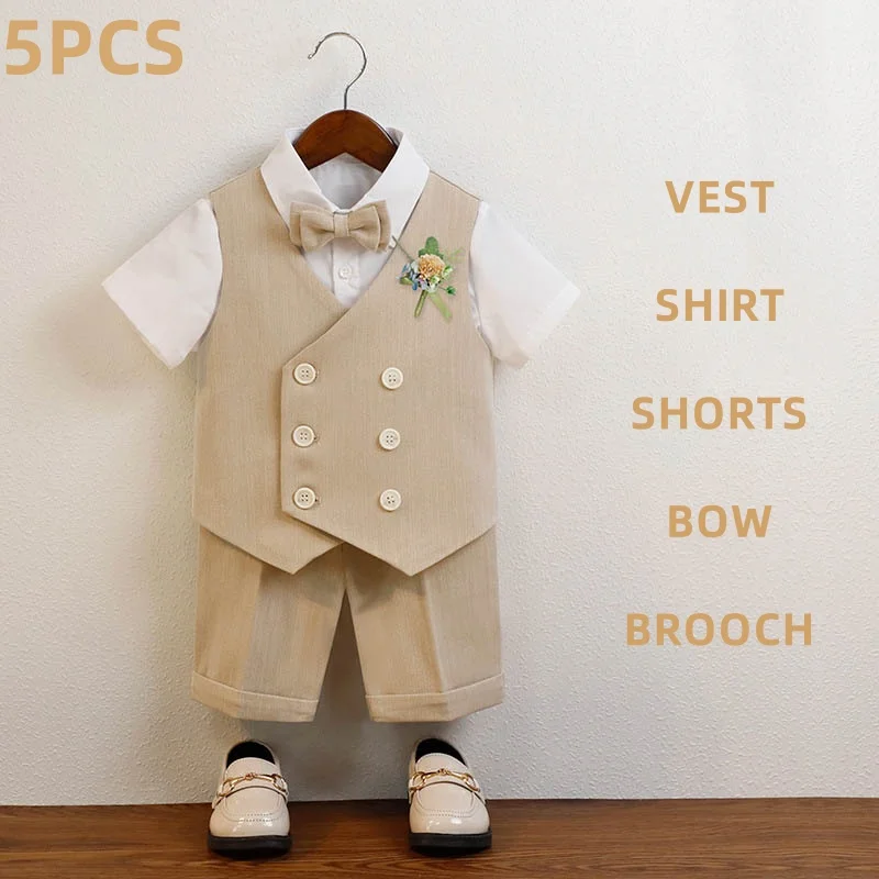 Children's Summer Suit Set Formal Elegant Baby Kids Wedding Suits Kids Boy Waistcoat Shorts Bowtie Outfit Set Kids Suit For Boys