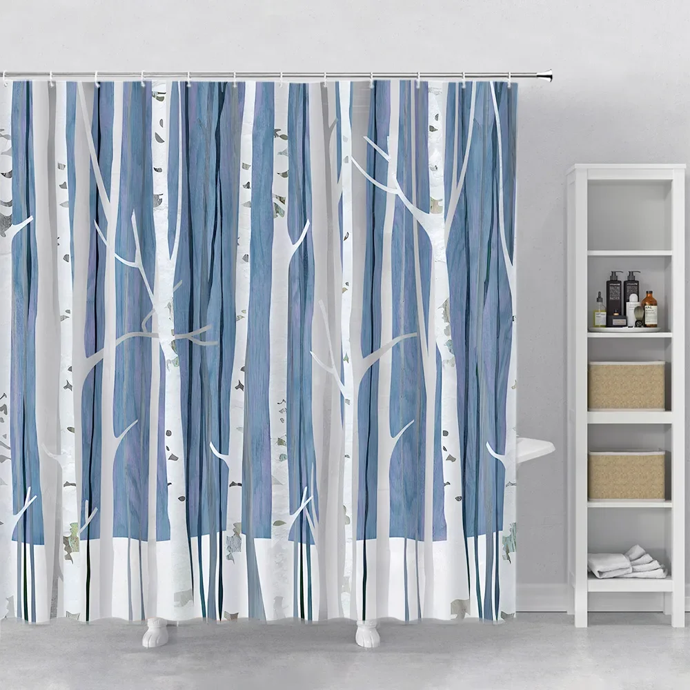 Brown Tree Fabric Shower Curtain, Art Abstract Birch Forest Wood Polyester Bath Curtain, Farmhouse Bathroom Curtains with Hooks