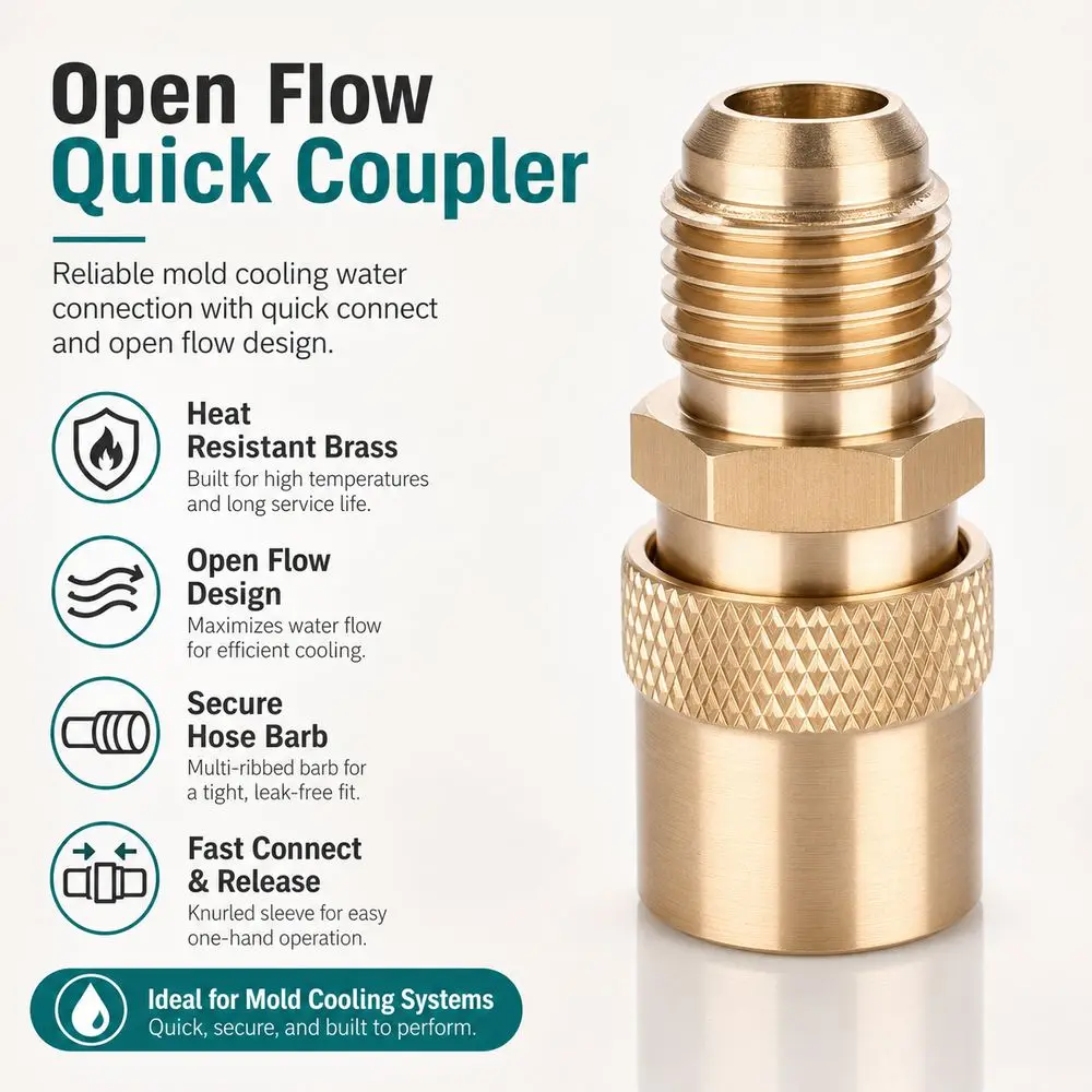 Brass Mold Quick Coupler Open Flow Heat Resistant Cooling Water Connector Female Socket Knurled Sleeve Female Quick Coupling