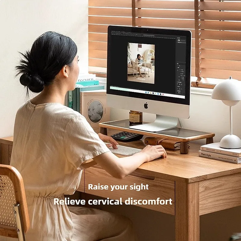 Solid Wood Monitor Stand Riser Ergonomic Computer Screen Desk Organizer Storage Base