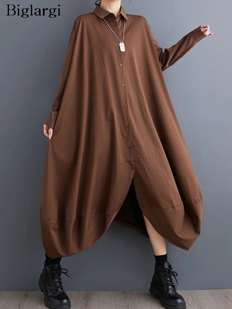 เดรสเชิ้ตแขนยาวทรงหลวมสไตล์สปริงสำหรับผู้หญิง แฟชั่นลำลอง ทรงไม่สมมาตร