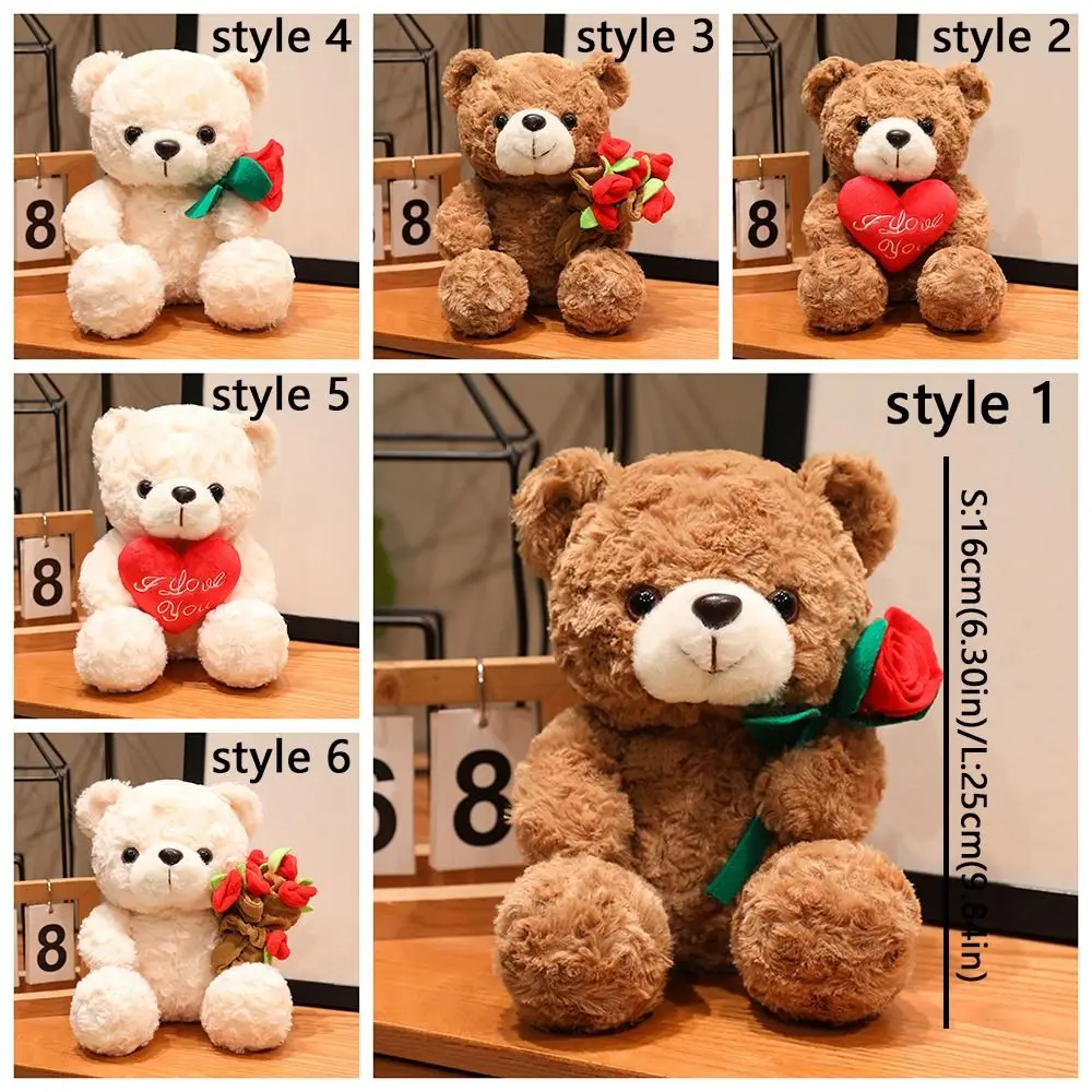 Kawaii 16/25CM Bear Plush Toy Romantic Handmade Bear Wear Rose Doll Soft Red Heart Love Bear Doll Birthday Gift