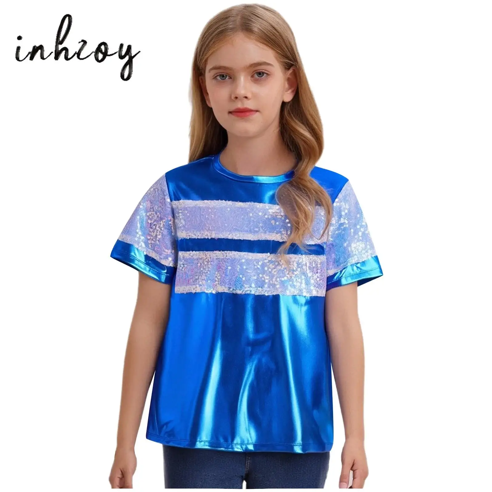 

Kids Girls Boys T-Shirt Short Sleeve Shiny Sequins Glossy Metallic Patchwork Tops for Hip Hop Disco Jazz Dance Stage Performance