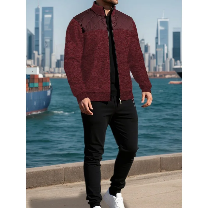 

New Men's Sweater Autumn and Winter Splicing Sweater Zipper Collar Splicing Cardigan Set