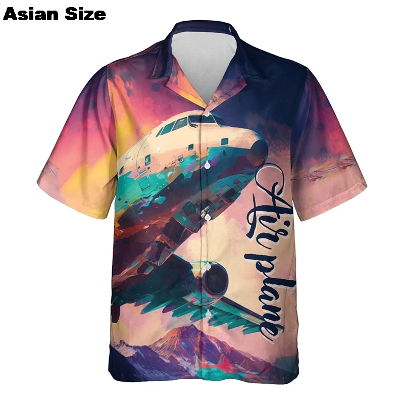 3D Printed Fighter Plane Pattern Hawaii Shirts For Men Short Sleeve 2025 Casual Button Shirt Tops Mens Hip Hop Shirts Streetwear