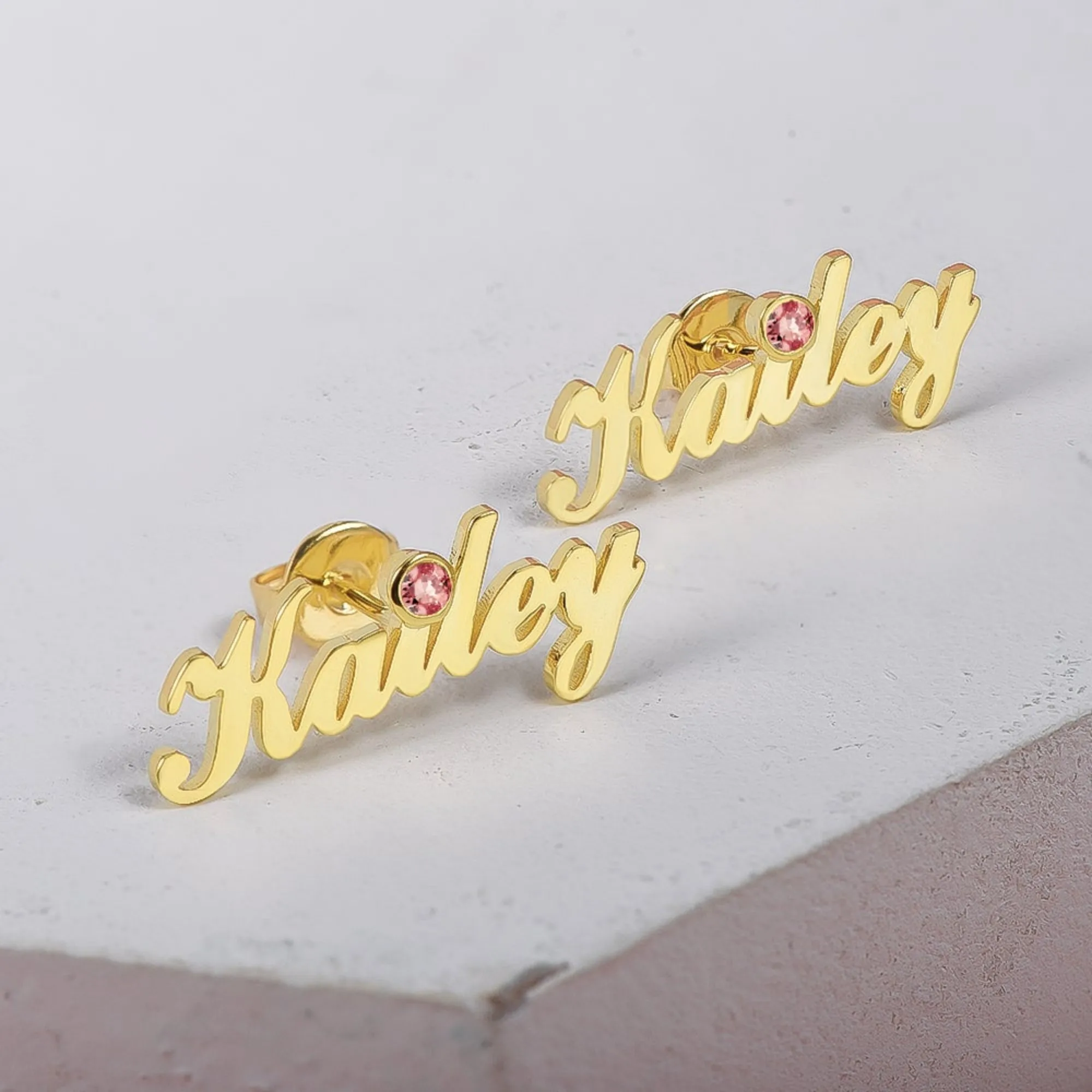 Custom Name Birthstone Earrings Script Font Round Gem Stud 18K Gold Plated Dainty Personalized Women Jewelry Gift for Her