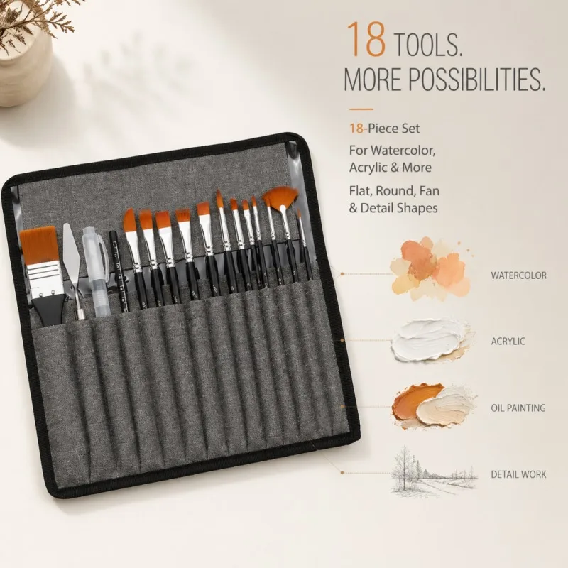 18Pcs Artist Paint Brush Set Soft Nylon Hair Flat Round Pointed Brushes with Carry Bag Watercolor Acrylic Oil Gouache Painting