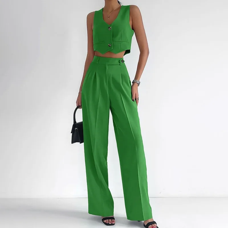 2024 Summer Female Cotton & Linen Trousers Outfits Temperament Commuting Women's Fashion Green Crop Sleeveless Vest & Pants Sets