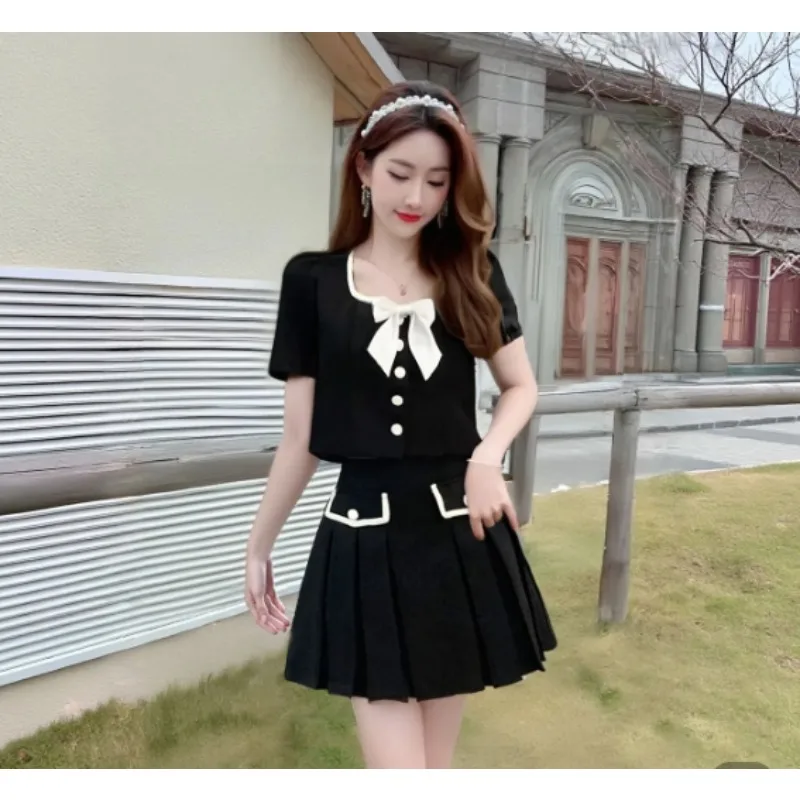 Verão novo sentido avançado do temperamento manga bolha superior saia de cintura alta feminino pequena fragrância vento dois conjuntos saia feminina