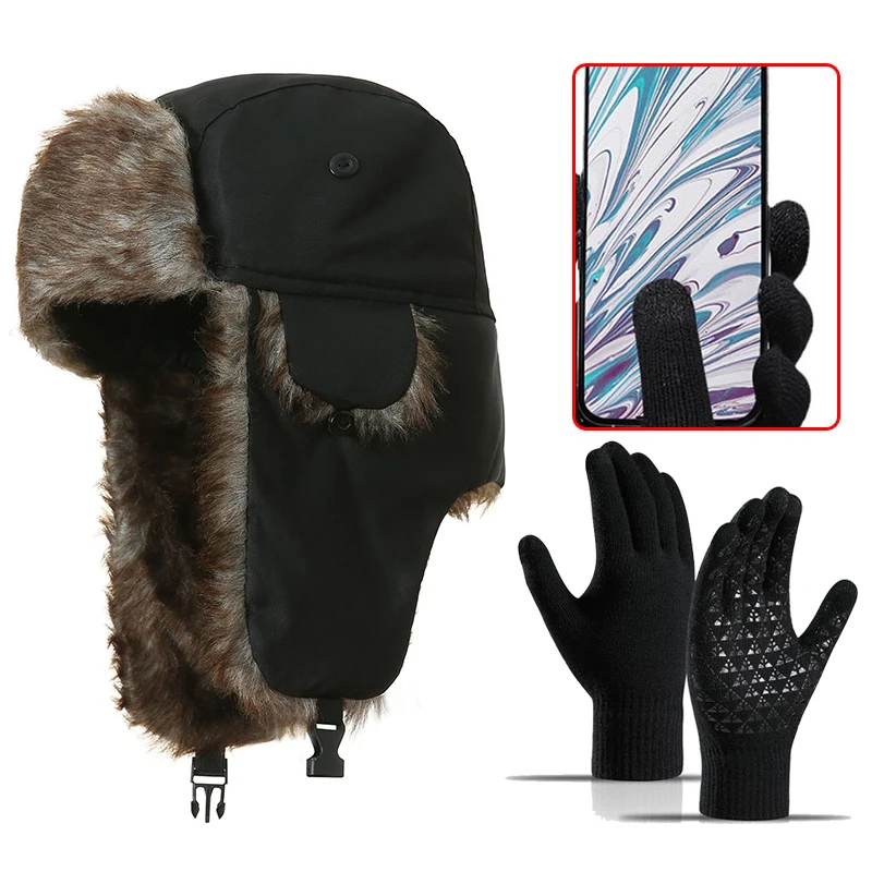 مجموعة قبعة Trapper Hunter وقفازات تعمل باللمس، معدات خارجية للشتاء الدافئ للرجال والنساء